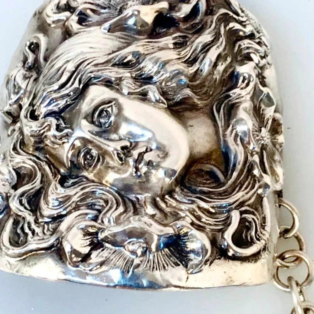 Rare Antique Goddess Sterling Silver Cuff Bracelet Victorian 925 Medusa Nouveau